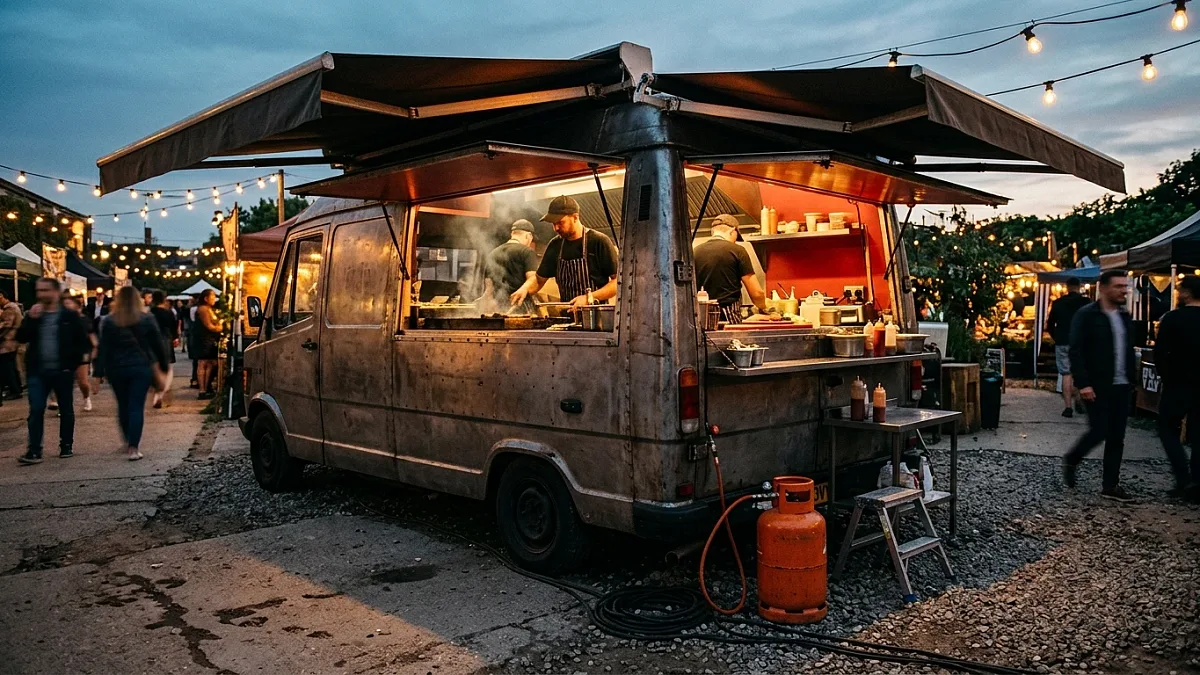 Food truck ouvert sur un emplacement de marché