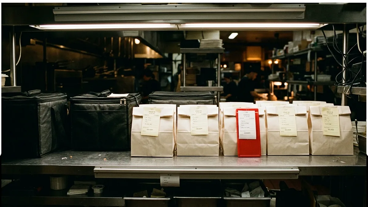 Sacs de livraison en attente sur un comptoir