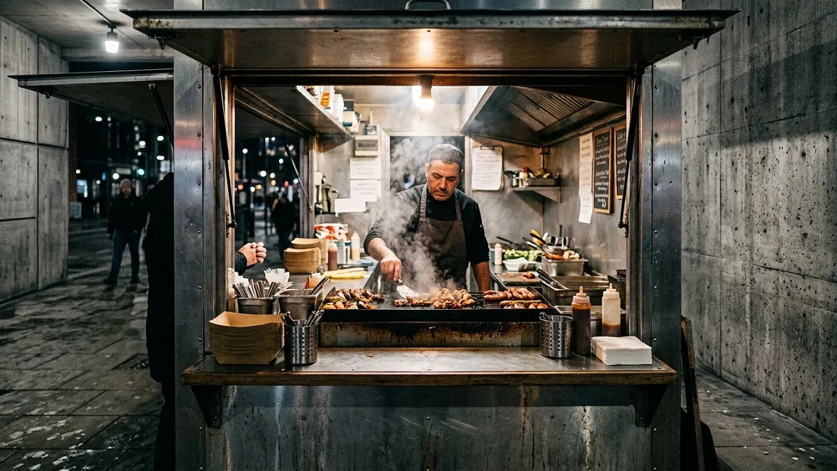Comptoir de street food en service, de nuit