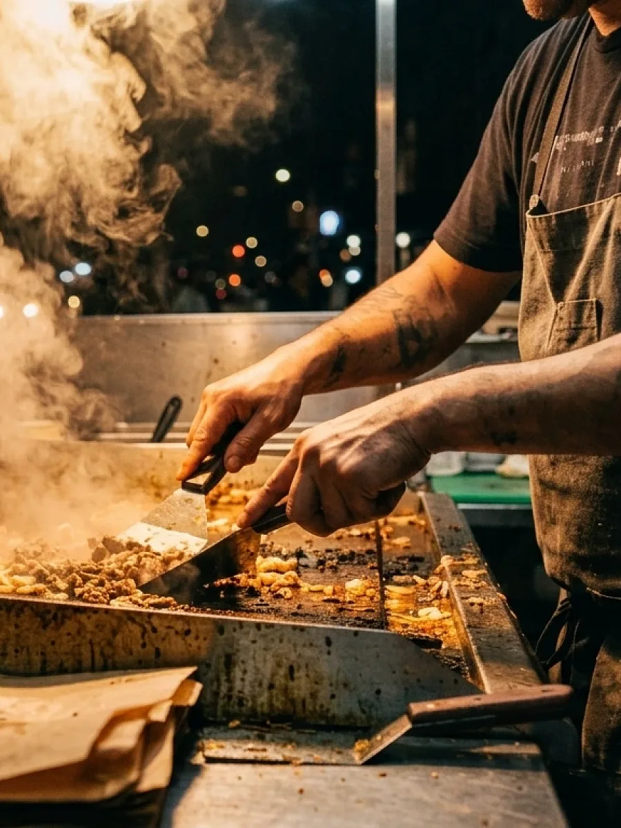 Stand de street food éclairé pendant un service nocturne