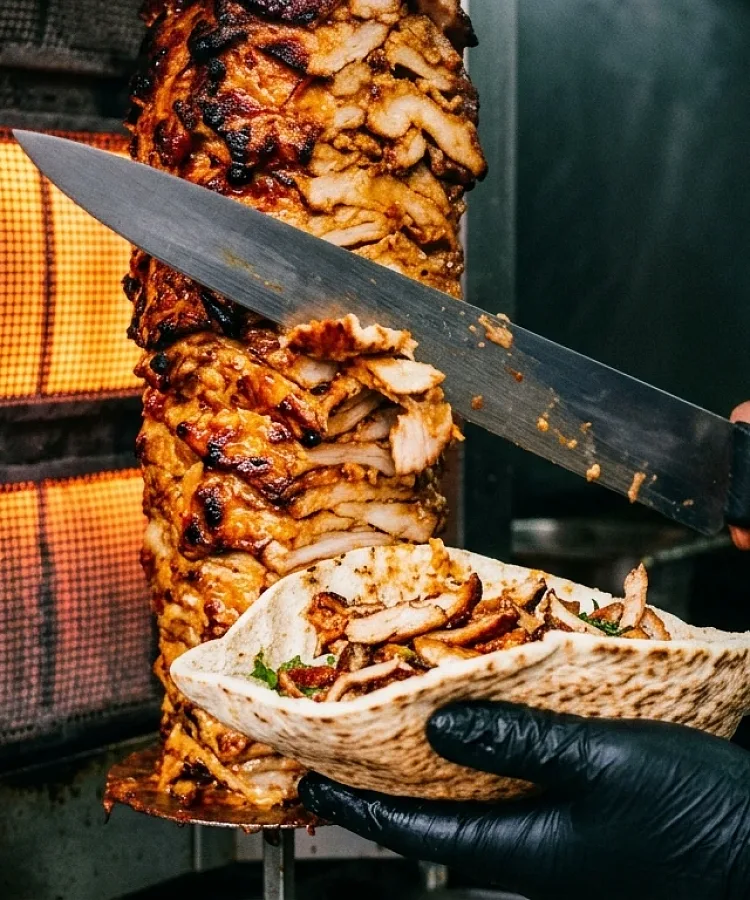 Préparation d’un sandwich shawarma sur une broche verticale