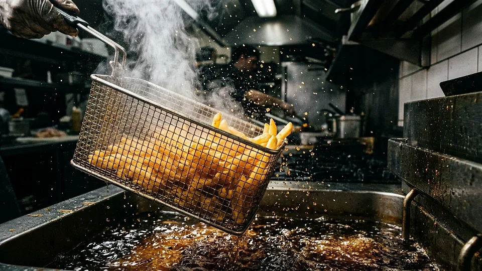 Panier de friture sortant du bain