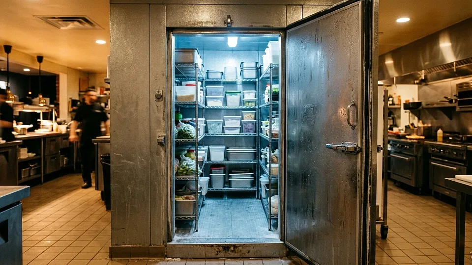 Chambre froide ouverte dans une cuisine professionnelle