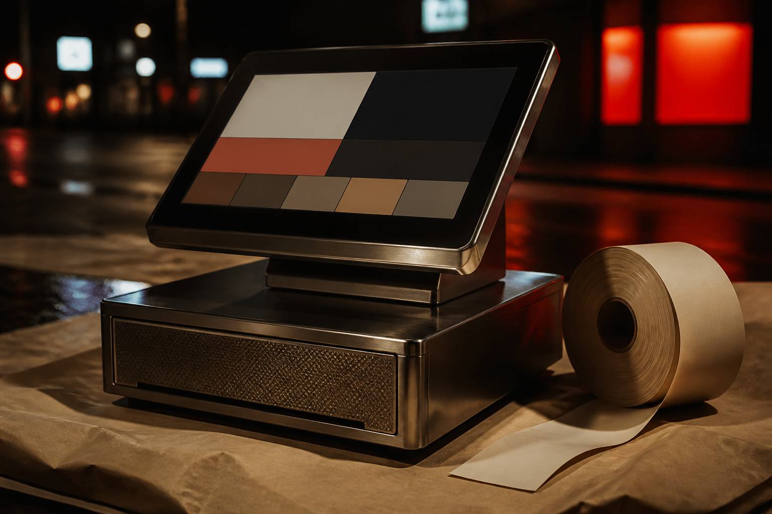 Caisse enregistreuse tactile avec écran coloré sans texte lisible et rouleau de tickets