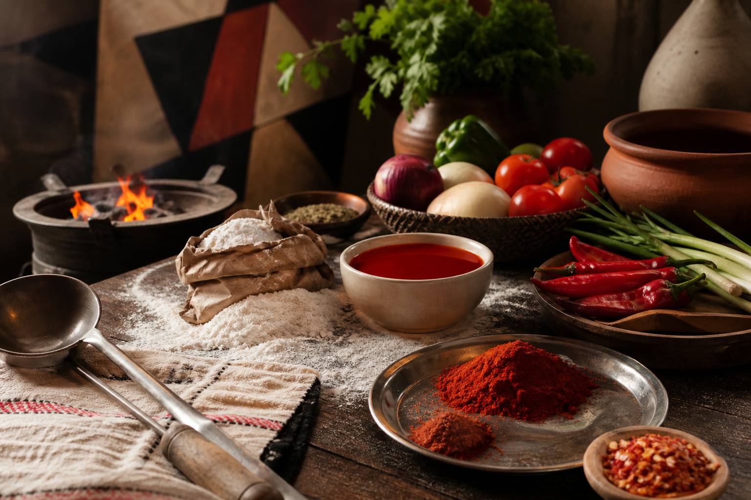 Préparation de la cuisine yoruba avec épices, huile de palme et légumes sur un plan de travail