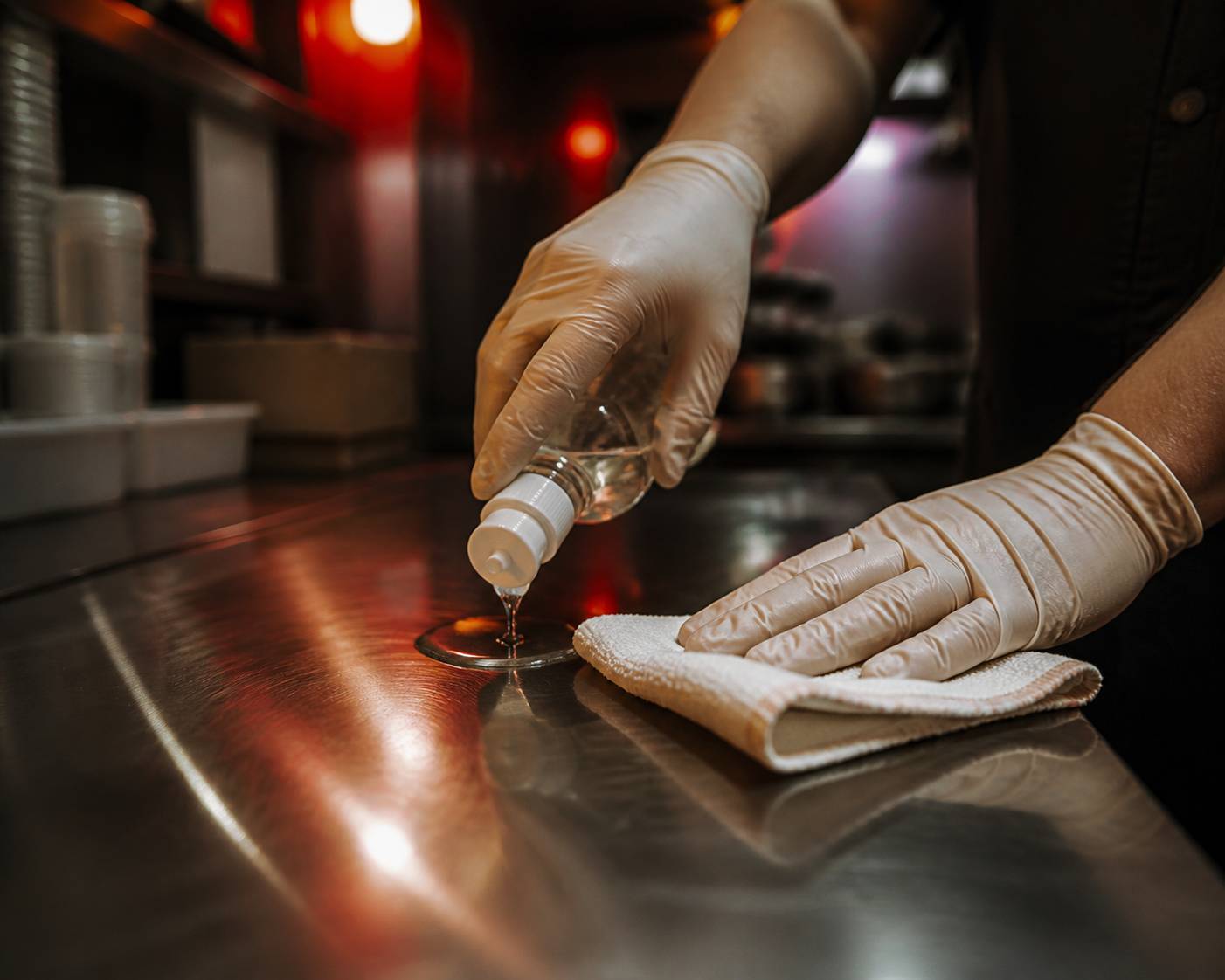 Mains gantées désinfectant un plan de travail en inox dans une cuisine professionnelle
