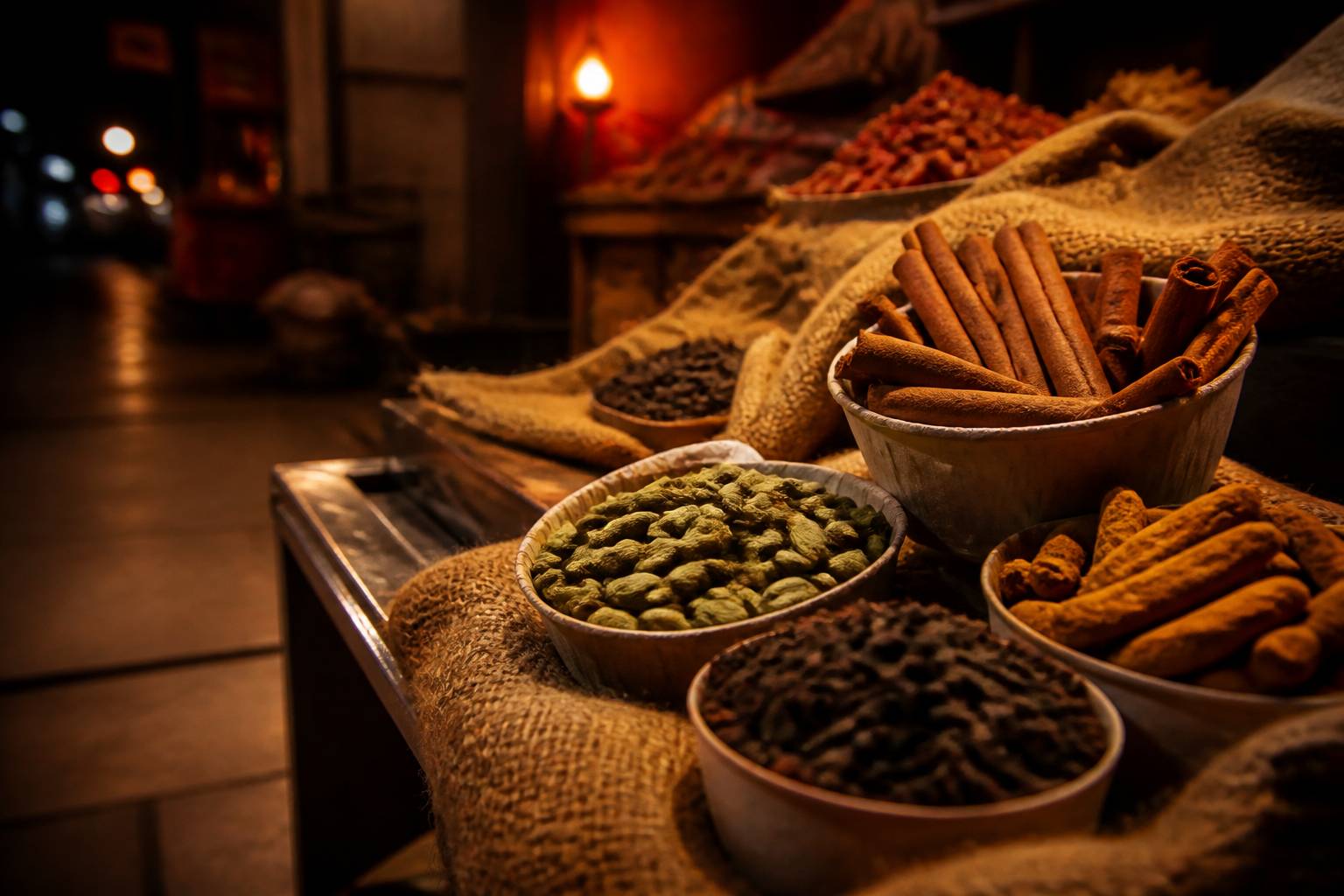 Épices entières — clous de girofle, cardamome, cannelle et curcuma — dans des coupelles sur un marché