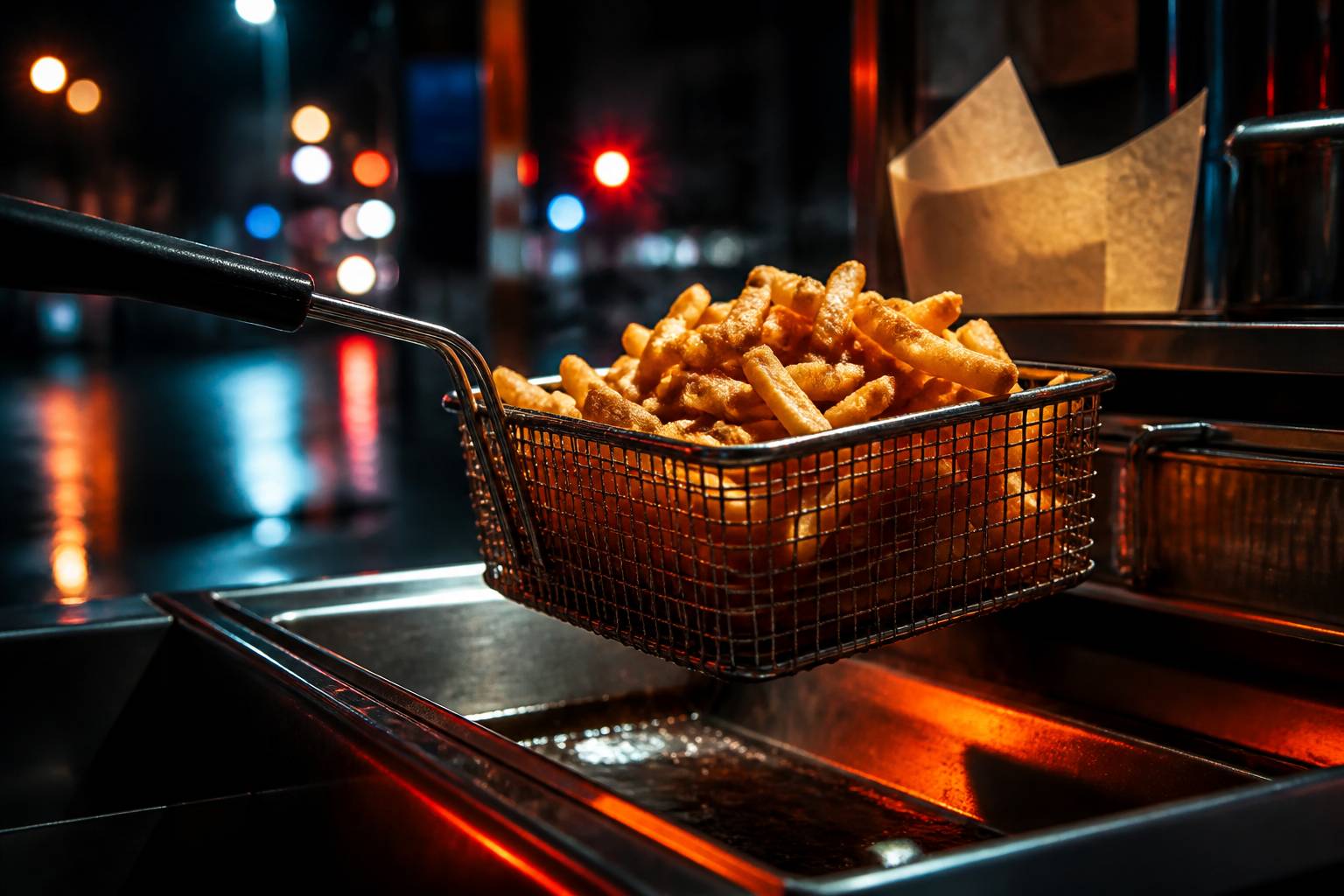 Frites dorées dans un panier en inox au-dessus d'une friteuse