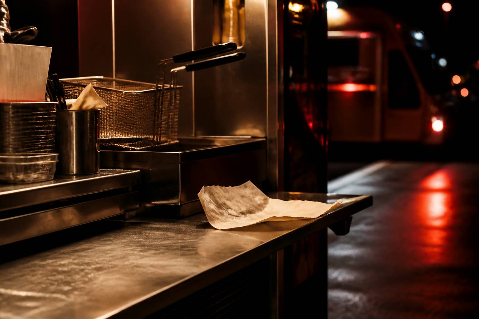 Friteuse en inox brossé et plan de travail dans l'équipement d'un food truck