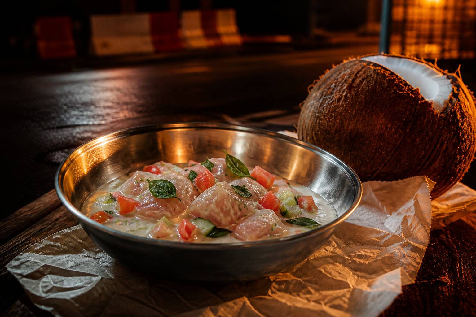 Poisson cru mariné au lait de coco avec légumes frais