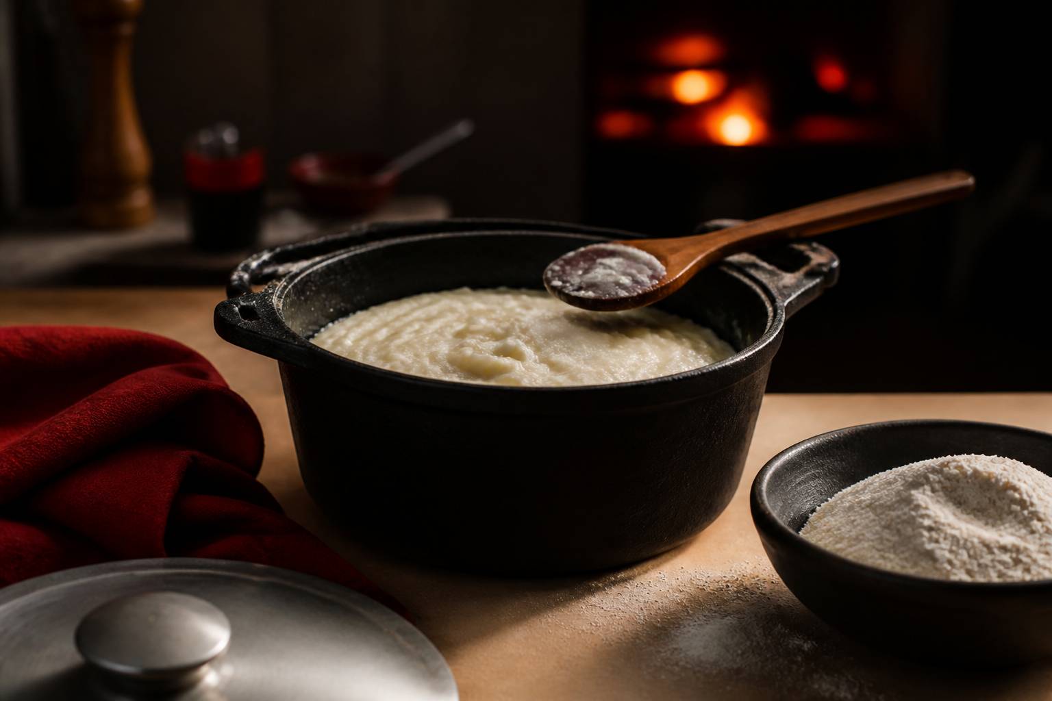 Préparation du nshima : pâte de maïs dans une casserole en fonte avec une cuillère en bois