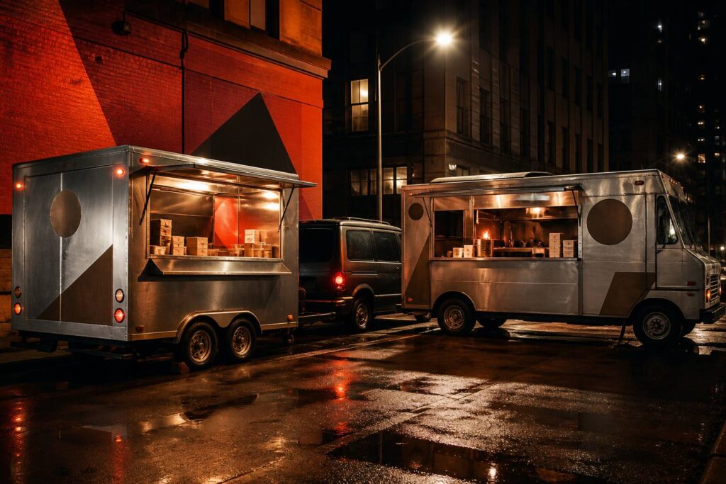 Remorque food truck en inox brossé et fourgon aménagé côte à côte sur un trottoir la nuit