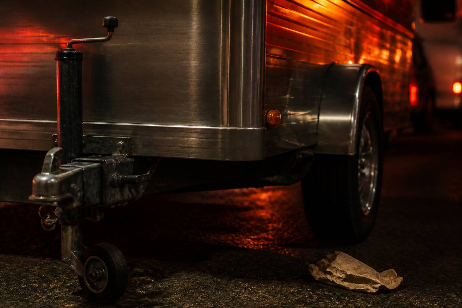 Châssis et attelage d'une remorque food truck en inox sur le bitume la nuit