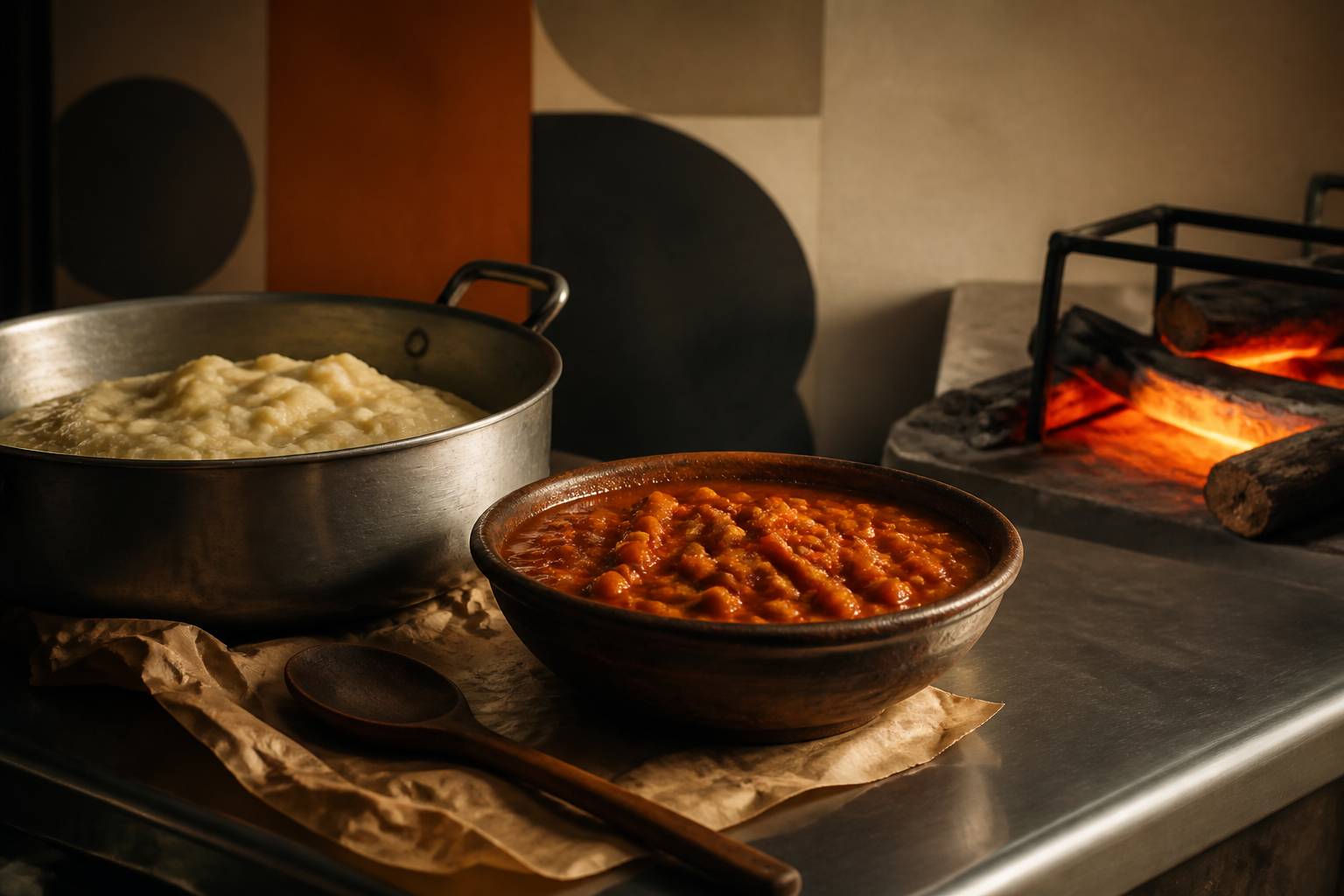 Préparation de la sadza : pâte de maïs dans une casserole avec un ragoût d'arachides à côté