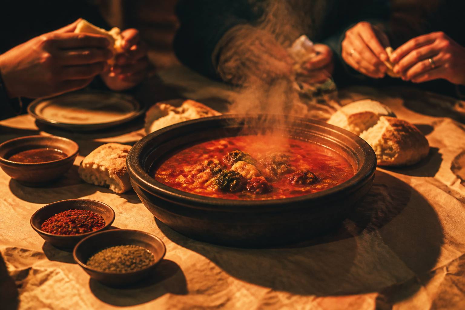 Bol de saltah fumant accompagné de khubz et de condiments