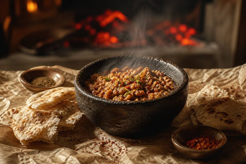 Plat traditionnel yéménite saltah fumant avec pain khubz sur papier kraft