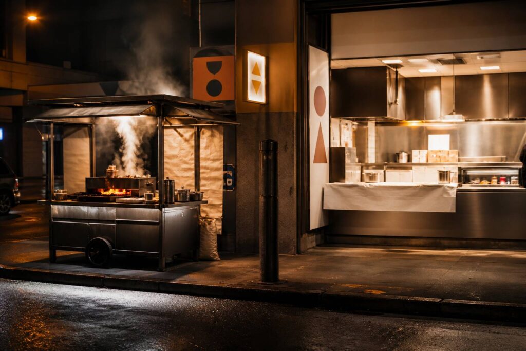 Stand de street food mobile avec grill fumant sur un trottoir la nuit contrastant avec un fast-food