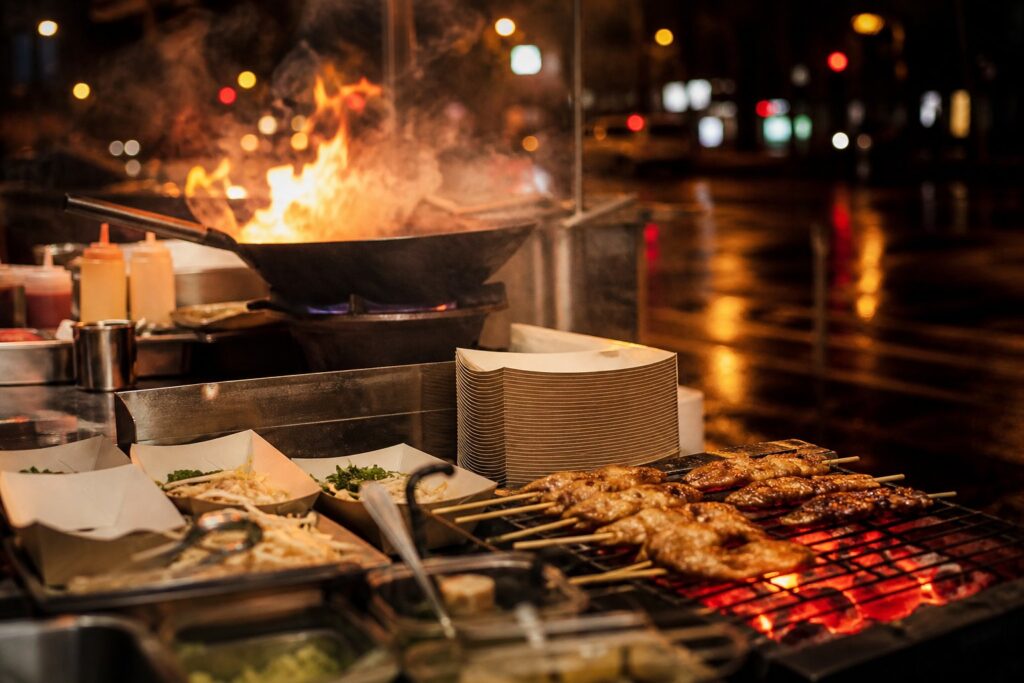 Stand de street food thaïlandaise la nuit avec wok flamboyant et brochettes sur braises