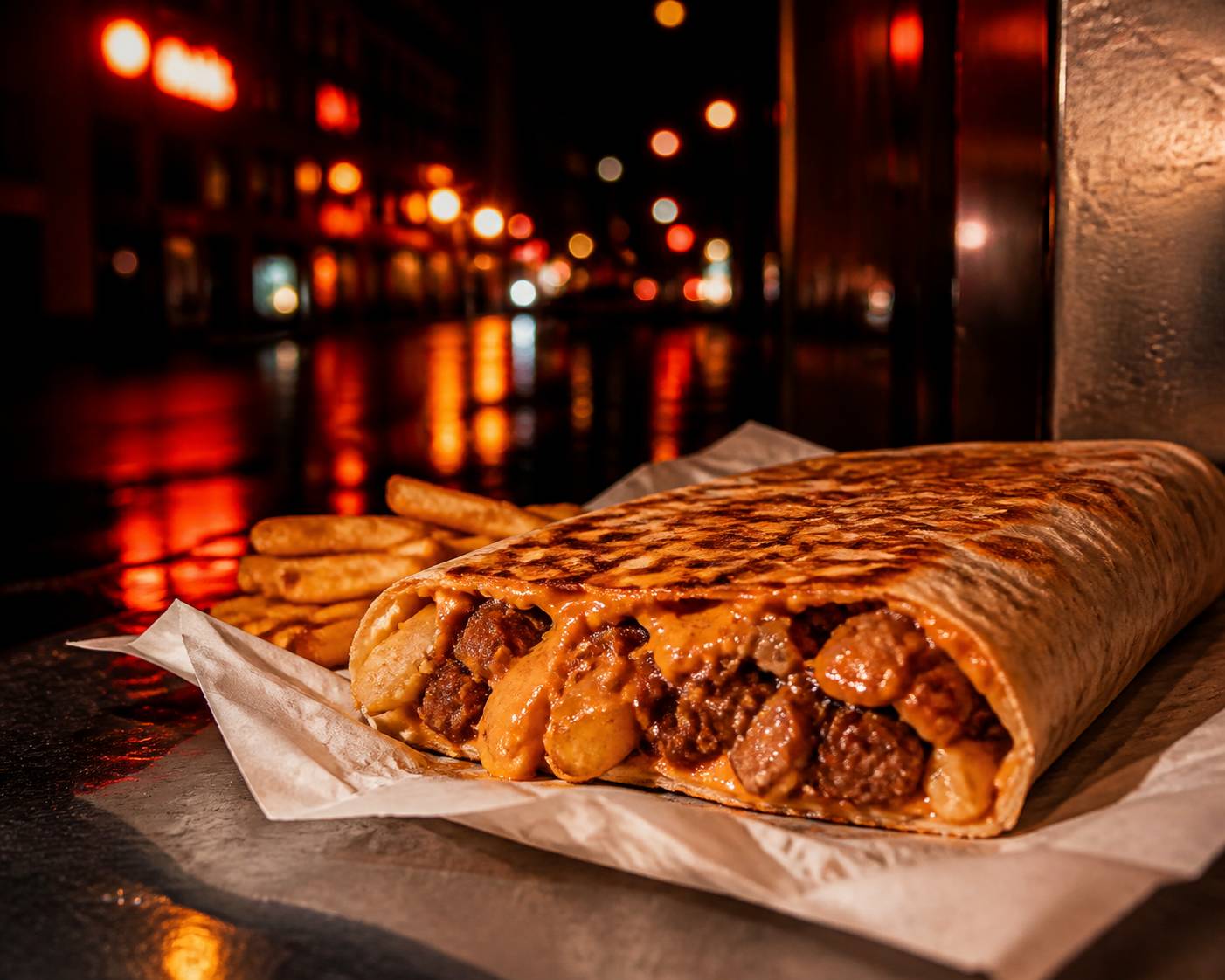 Tacos français pressé coupé en deux révélant la garniture sur papier kraft