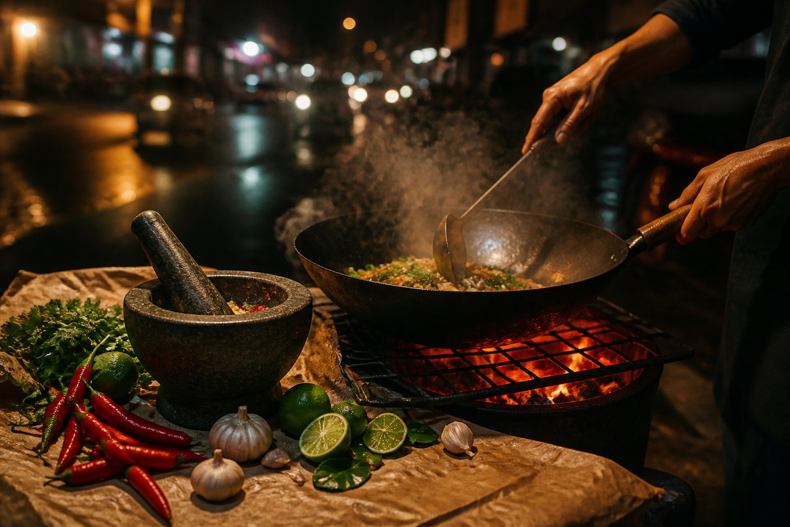 Wok fumant et mortier aux piments, ail et citron vert dans une cuisine de rue thaïlandaise