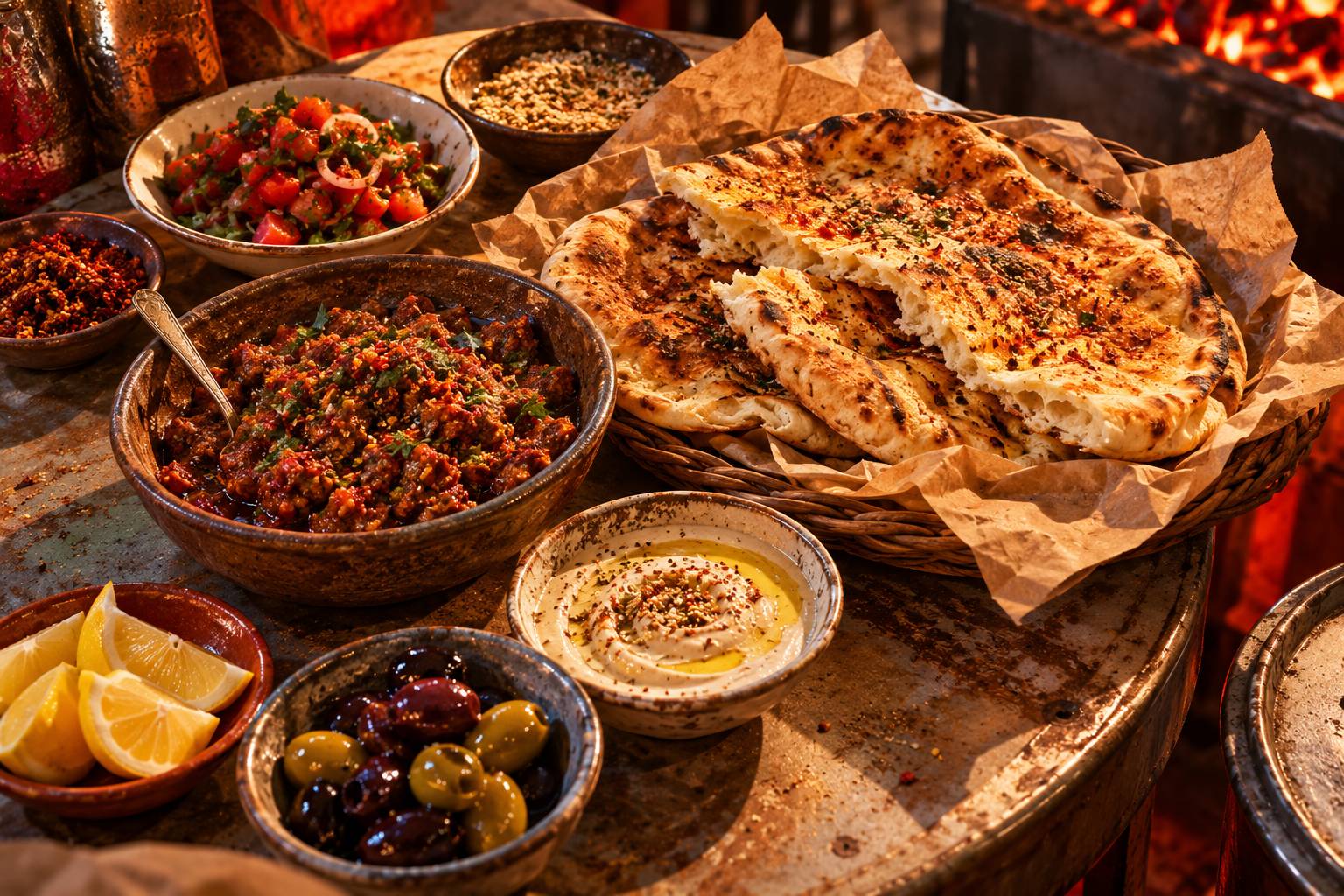 Pain plat, bols de farce epicee et citron sur une table de street food