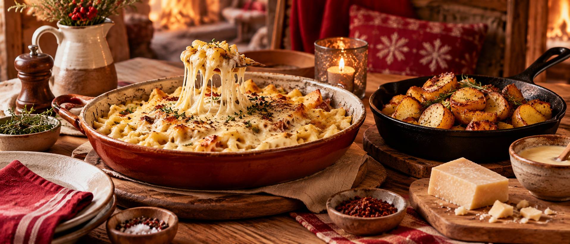 Plat de pâtes fraîches au fromage fondu et pommes de terre dorées
