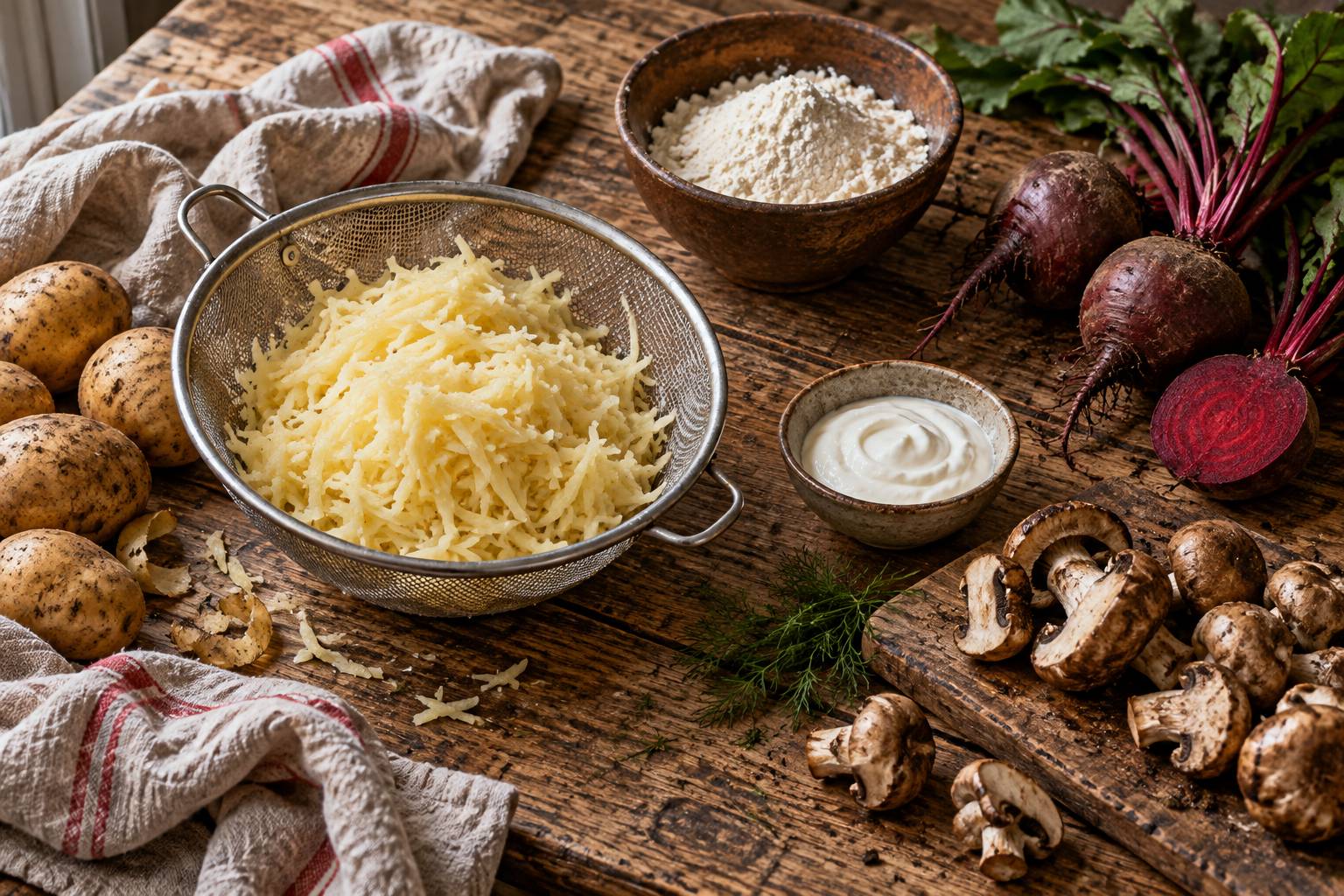 Pommes de terre rapees et ingredients de cuisine balte sur un plan de travail