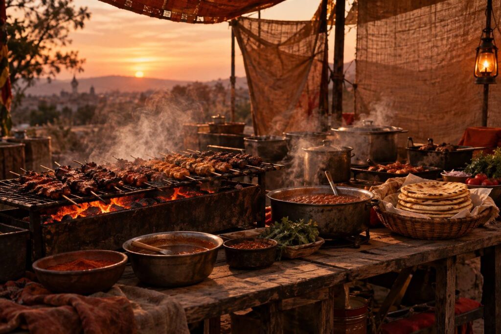 Etal de cuisine de rue au crepuscule avec brochettes grillees, galettes et marmites