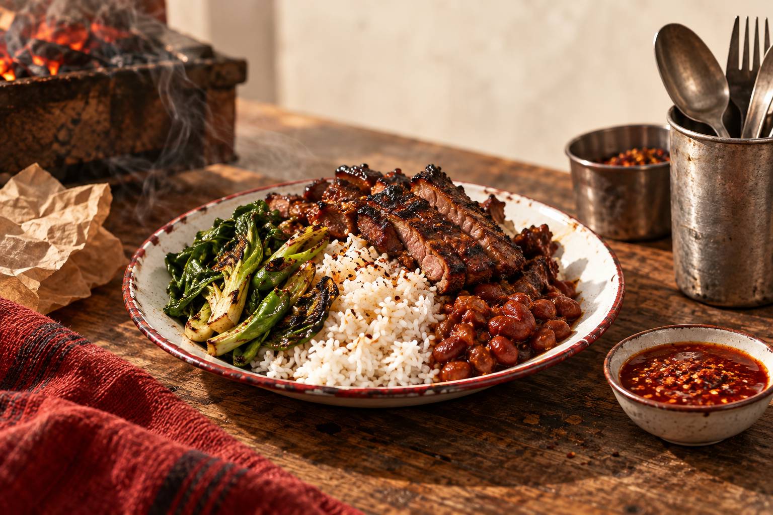 Assiette de street food au riz, viande grillee et haricots mijotes sur une table en bois