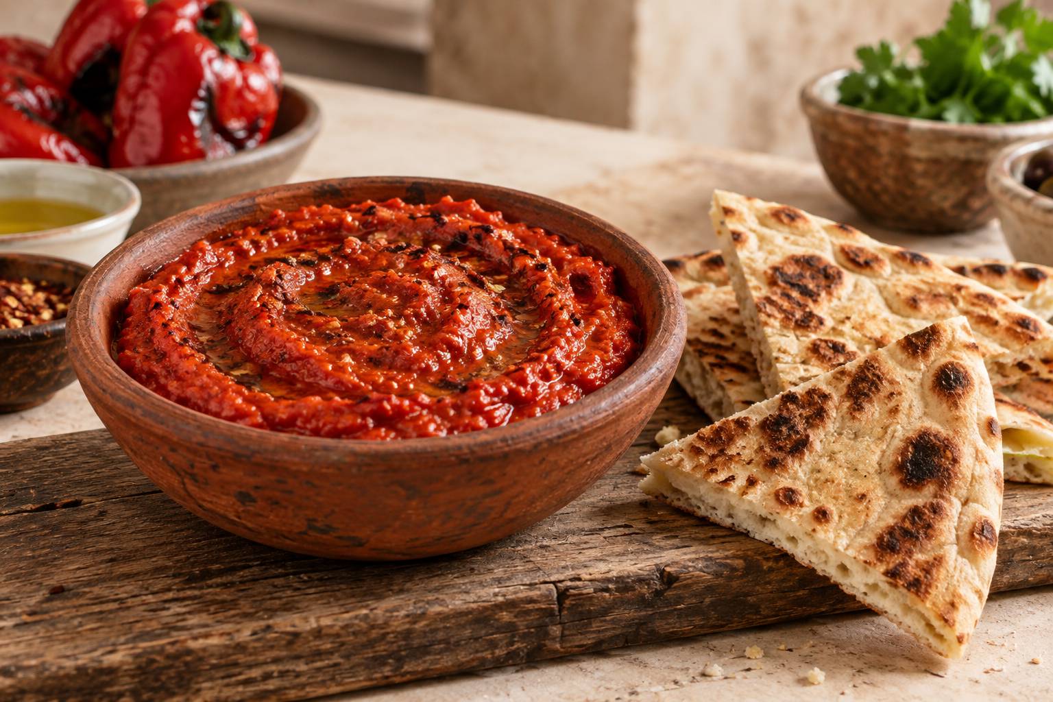 Puree de poivrons rouges dans un bol avec pain plat