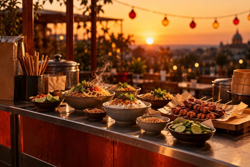 Bols de nouilles et de riz garnis sur un comptoir de street food en soiree