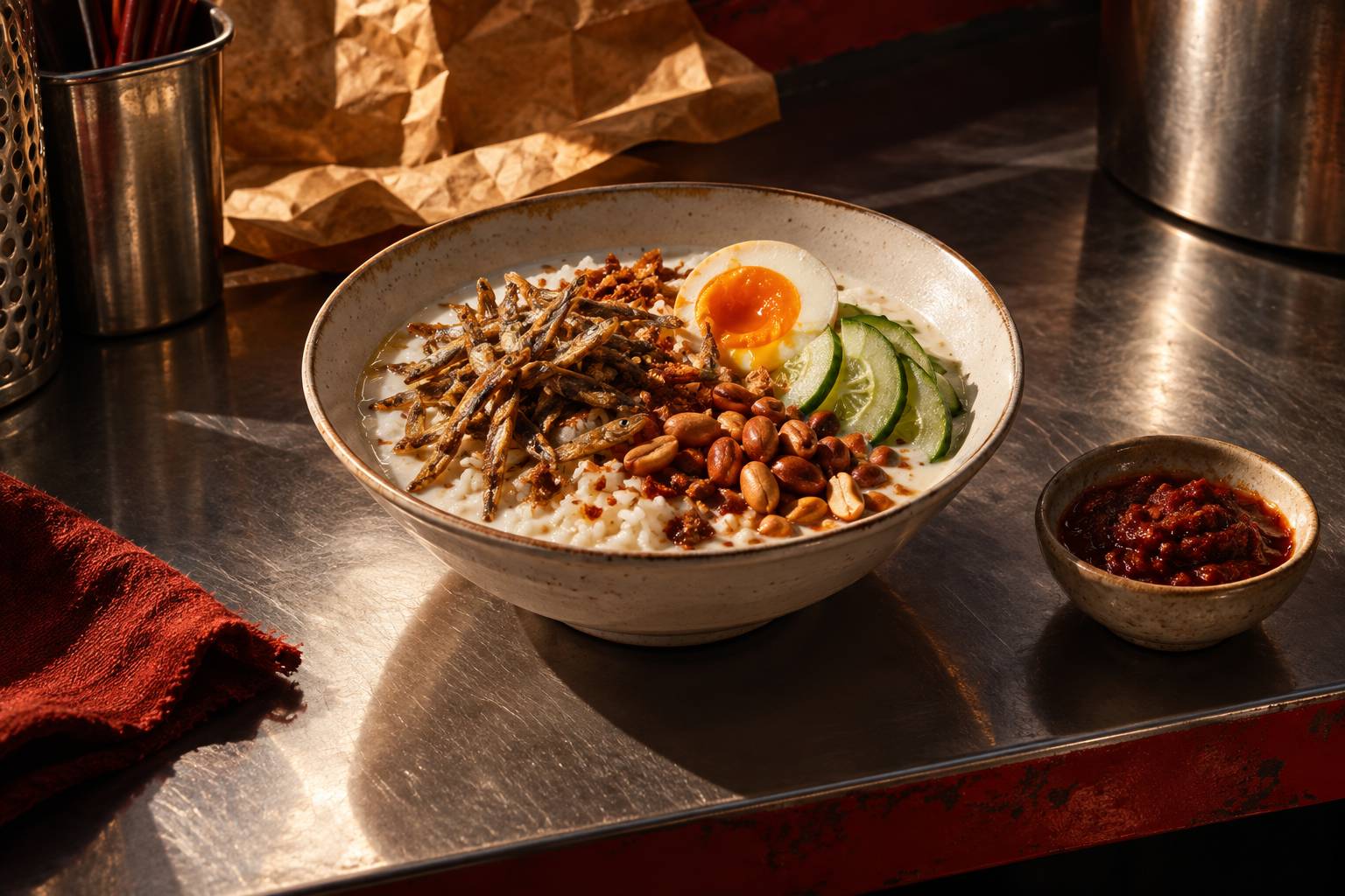 Vue rapprochee d'un bol de riz garni d'anchois, cacahuetes et concombre sur un comptoir
