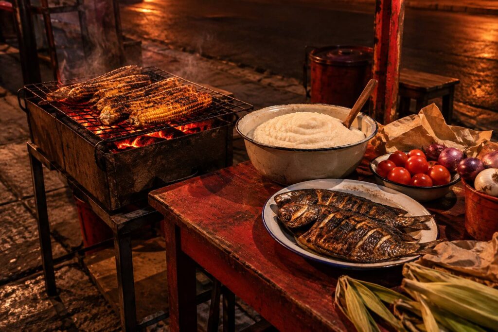 Épis de maïs grillés, bouillie de maïs et poisson grillé sur une table de street-food nocturne