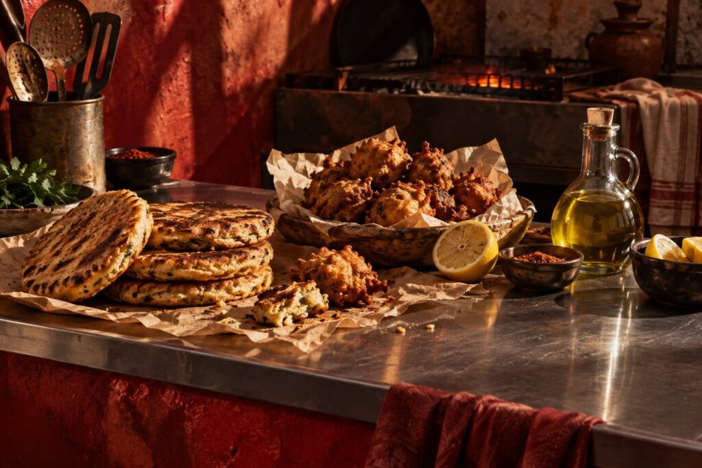 Galettes dores et beignets sales sur papier kraft au comptoir