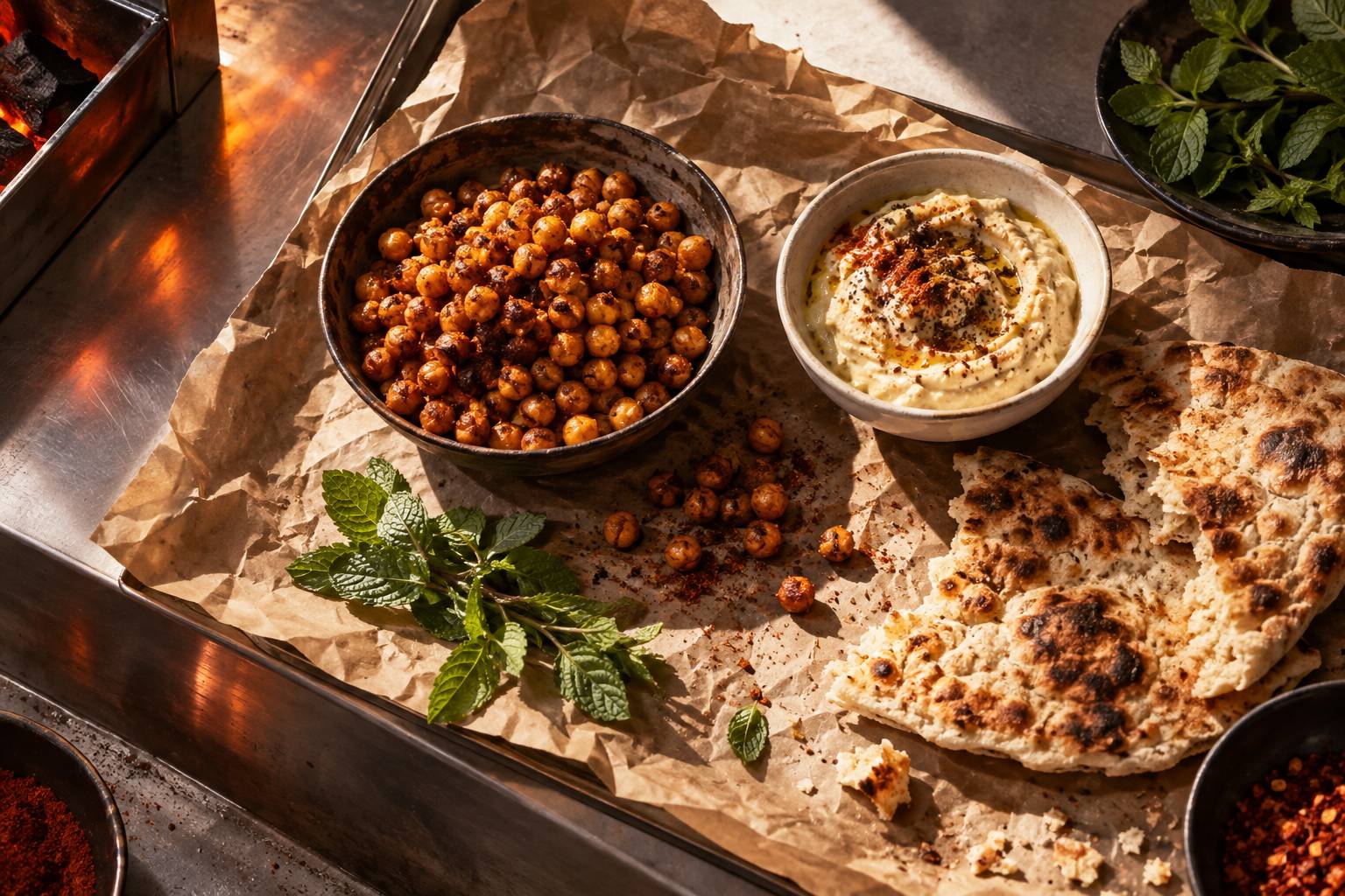 Plateau de specialites de rue avec pois chiches et tartinade
