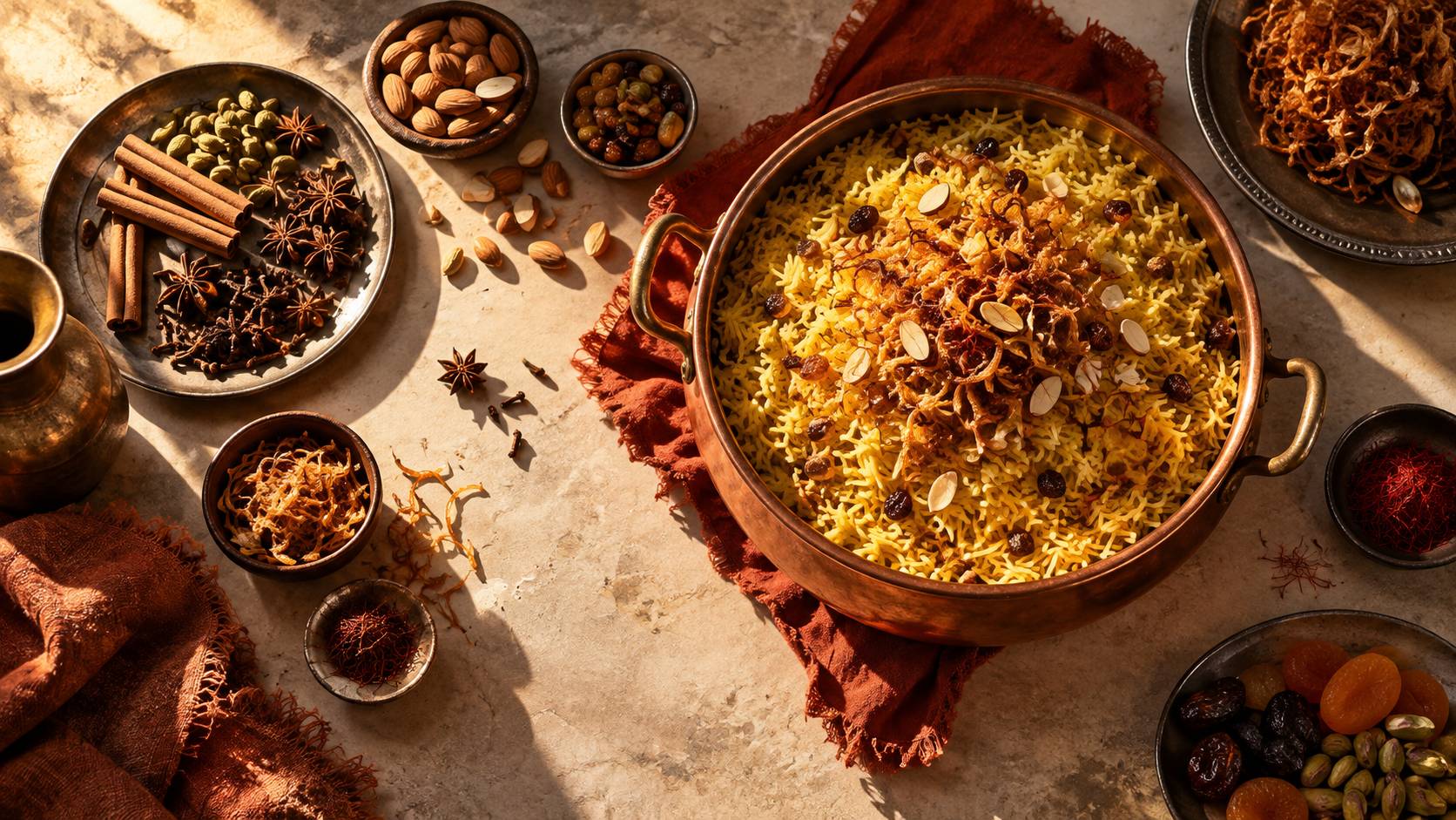 Riz safrane et fruits secs dans des coupelles sur un plan de travail