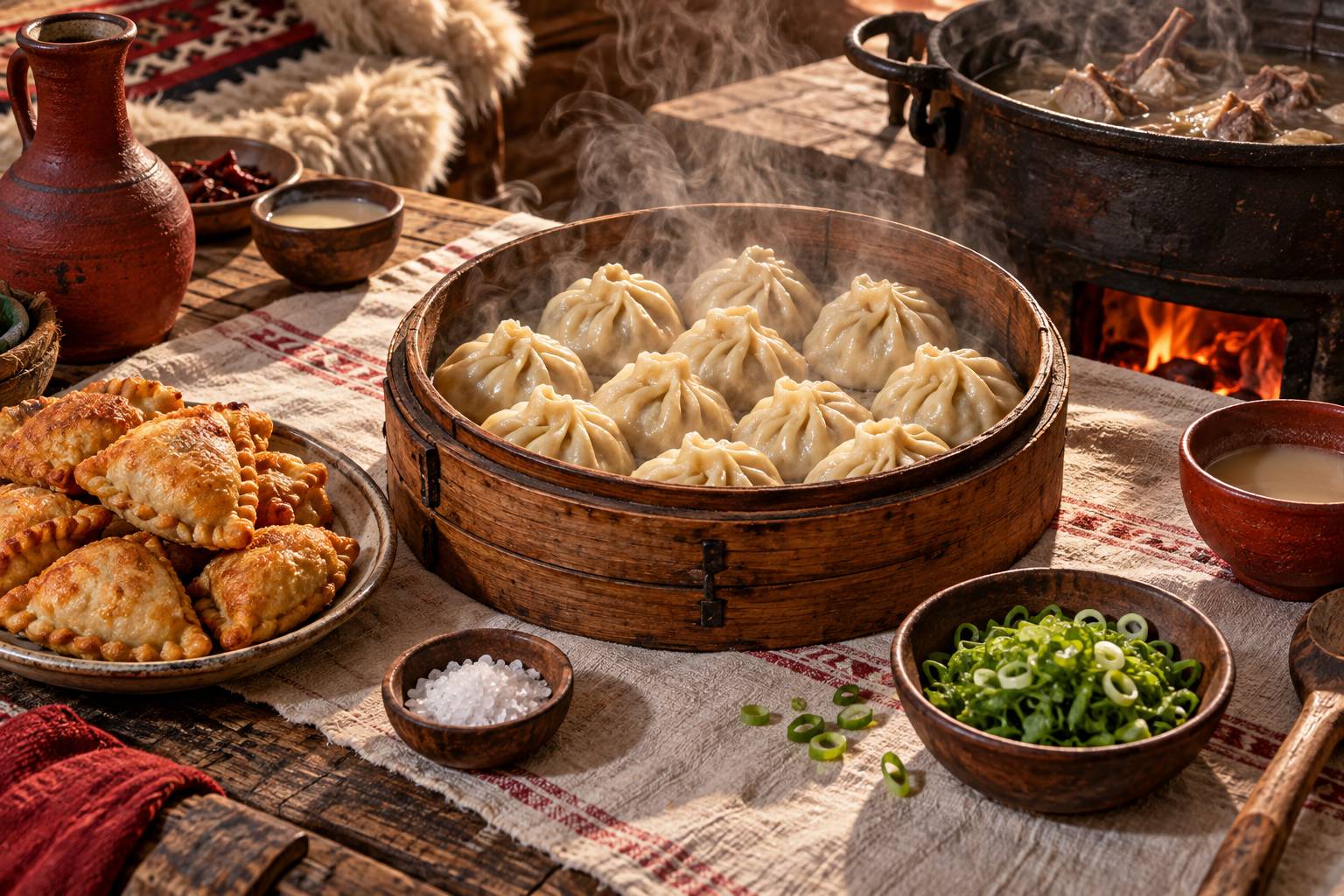 Raviolis a la vapeur et pates frits disposes dans des plats en bois