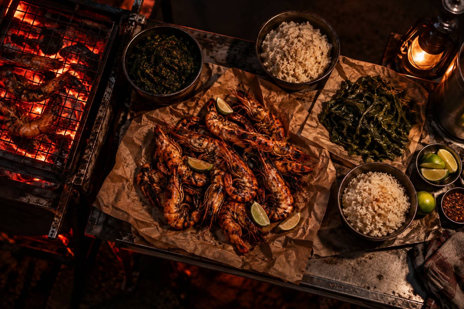 Assiettes de street food posees sur papier kraft