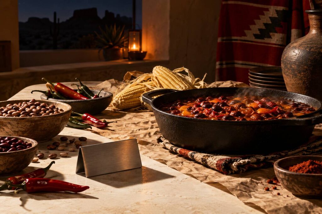 Maïs, piments et haricots en bols de terre sur une table de cuisine