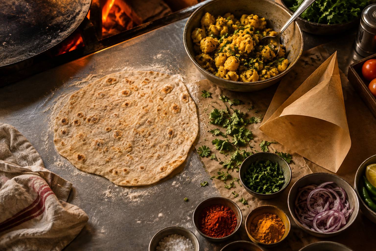 Plan de travail d'etal avec pate a galette, garniture et herbes fraiches