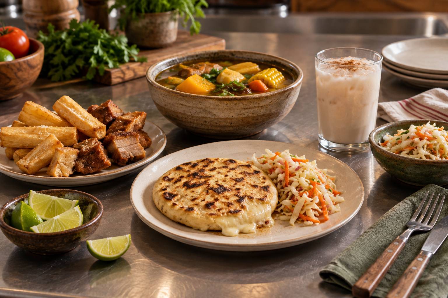 Plat salvadorien complet avec pupusa, manioc frit et soupe aux légumes