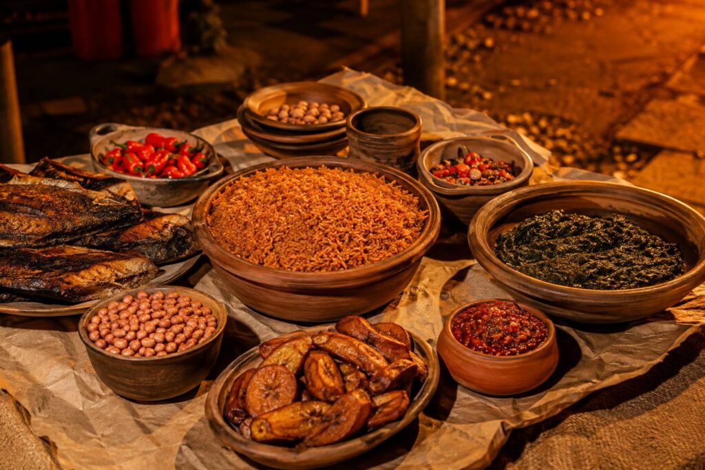 Plats ouest-africains avec riz jollof, poisson grillé et plantains