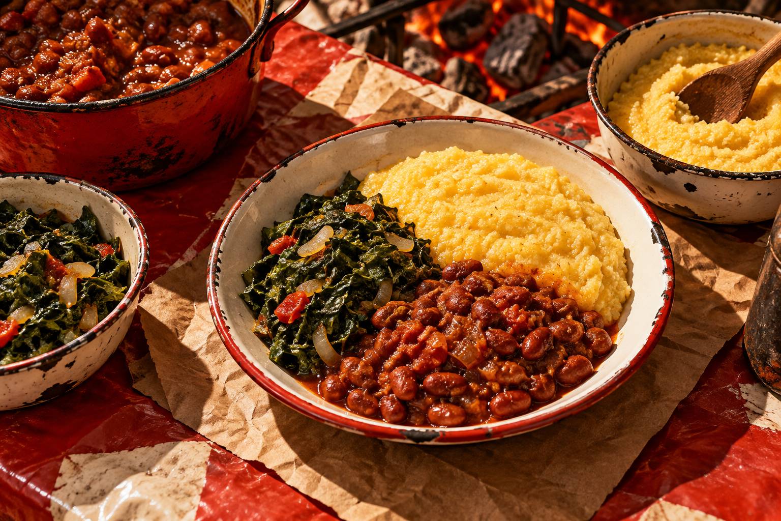 Assiette de rue avec bouillie de mais, haricots et legumes-feuilles