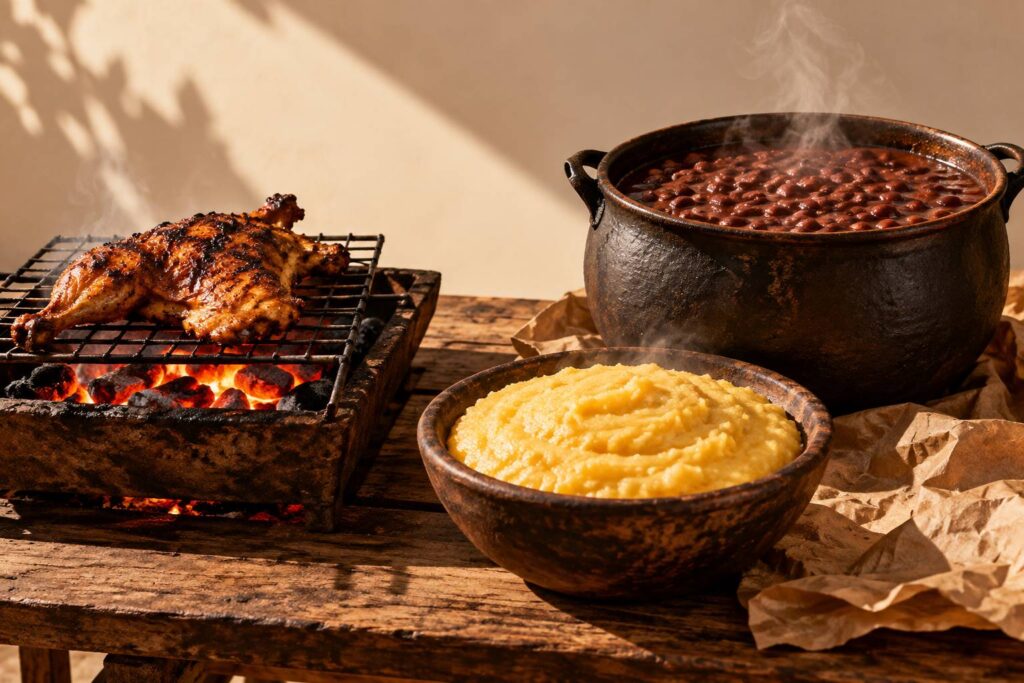 Bol de bouillie de mais, marmite de haricots et poulet grille sur un etal