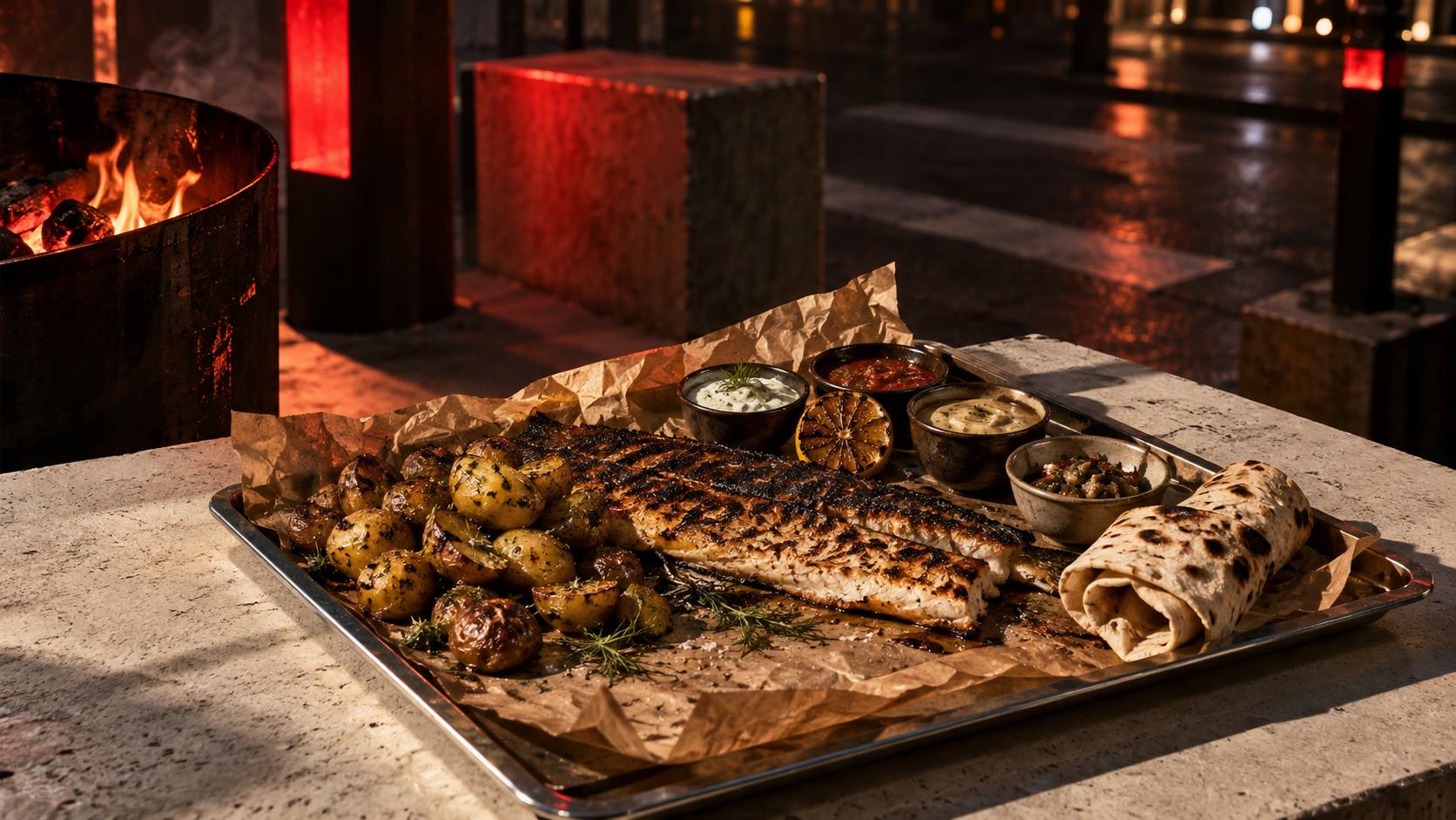 Comptoir de street food nordique avec pains plats, poisson grillé et pommes de terre