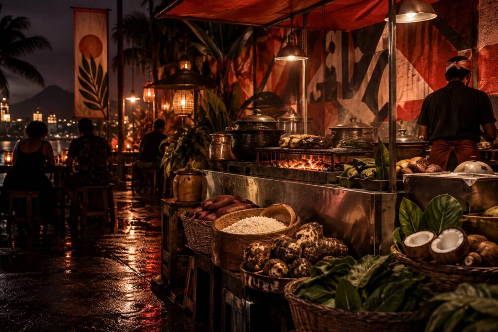 Illustration éditoriale du sujet : Découvrir la cuisine papoue : saveurs et traditions de street food uniques