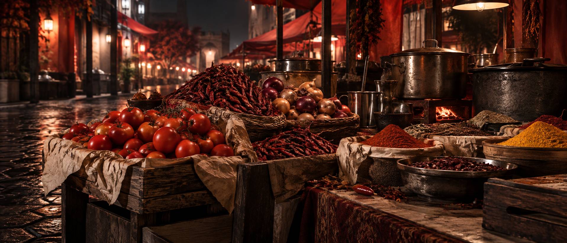 Comptoir de street food avec brochettes grillées, riz coloré et marmite fumante