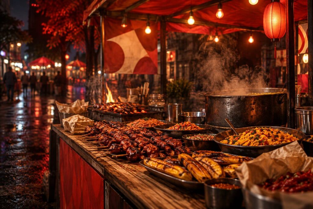 Comptoir de street food avec brochettes grillées, riz coloré et marmite fumante