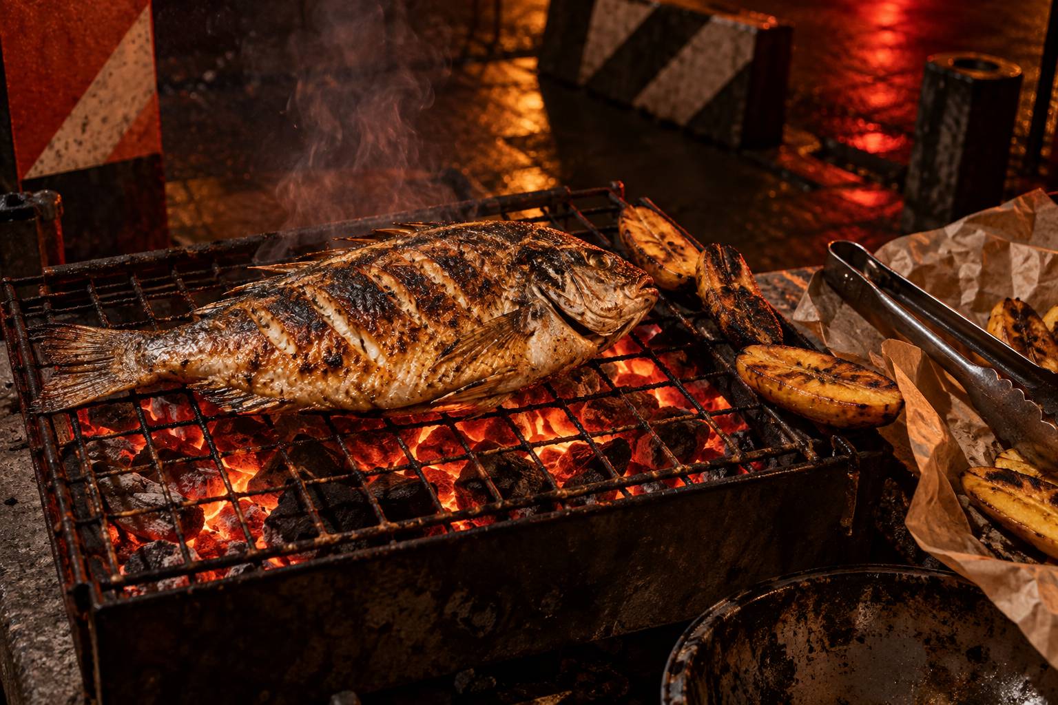 Détail de poisson grillé sur braises avec plantain et pincettes en acier