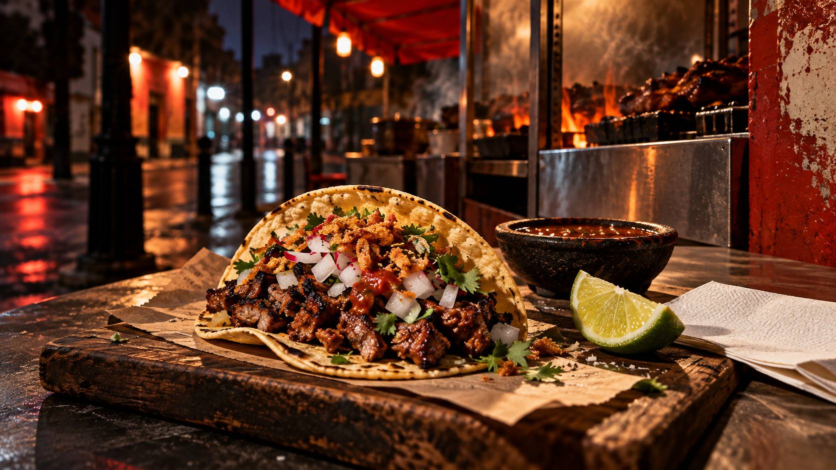 Détail d'un tacos garni de viande grillée et de crudités